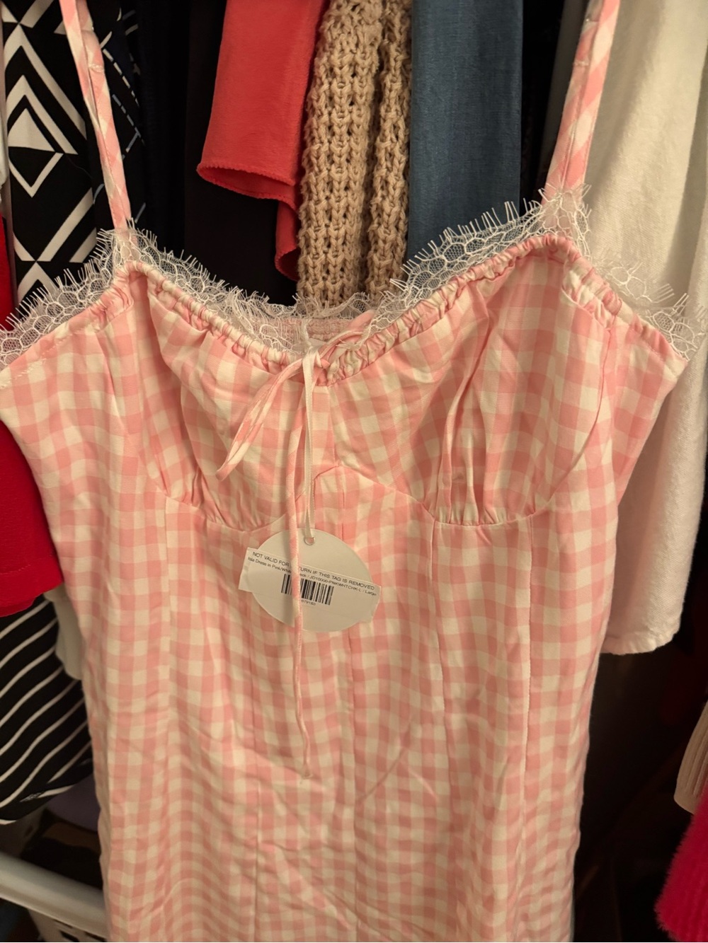 Pink Gingham Midi Dress with Lace Trim - Picture 3 of 4